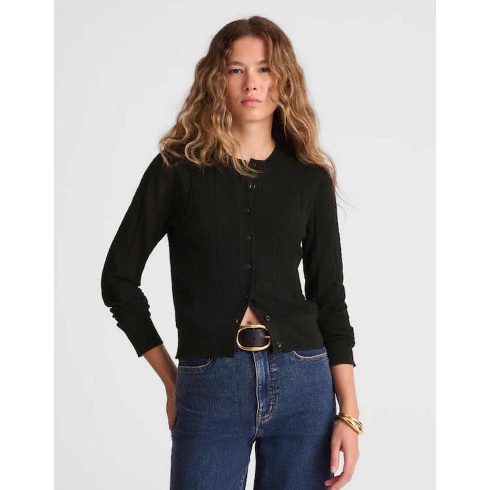 Madewell | NWT Signature Knit Pointelle Cardigan Black Cropped Sweater | Sz L